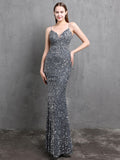 New Strap Women Party Dress Sexy V-neck Long Sequin Evening Dress