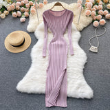 Autumn Winter Midi Dress Women O-Neck Long Sleeve Ribbed Knitted Dress Side Slit Night Club Party Sexy Bodycon Dress