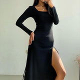 Autumn Winter Square Neck Knitted Basic A Line Women Dress Long Sleeve Split Party Causal Midi Sexy Dresses