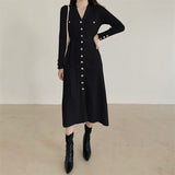 Long Sleeve Winter Chic Elegant V Neck Ribbed Knitted Dress Button Up Office Midi Dress With Belt