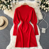 Autumn Winter Mini Dresses For Women Elegant Mock Neck Puff Sleeve Knitted Dress Solid Ribbed Sexy Bodycon Dress