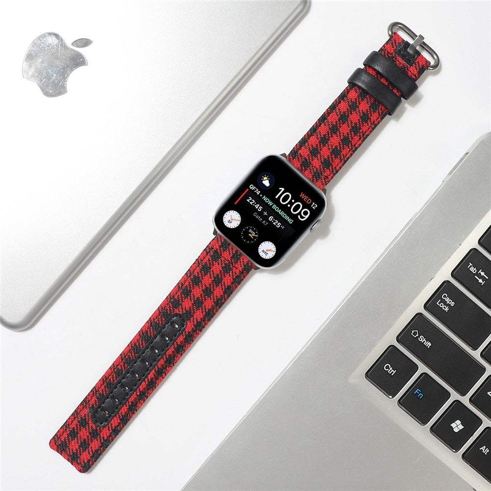 Leather Strap for Apple Watch 6 Band SE 5 40mm 44mm Bracelet Check Fabric Belt for iWatch Series Straps 4 3 38mm 42mm Watchbands