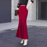 Long Autumn Solid Vintage Elastic Women Trumpet Party Office Wear High Waist Skirts