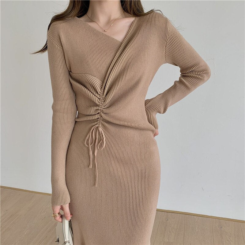 V Neck Long Sleeve Ribbed Knitted Dress Autumn Winter Drawstring Chic Elegant Bodycon Midi Dress