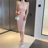 Women V Neck Sleeveless Spaghetti Strap Dress Sexy Night Club Party Knitted Bodycon Midi Dress Elegant