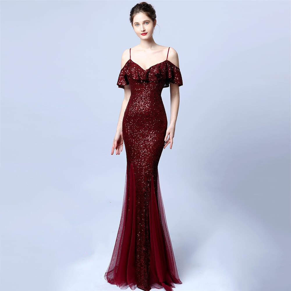 Camisole Evening dress Lotus leaf Formal Dress For Women Long Robe De Soriee Sequins Prom Mermaid Party Dress