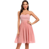 2020 Lace Chiffon Party Dress Red Pink Short Midi Strapless Sexy A Line Formal Jurk New Year Christmas Women Ladies Vestidos