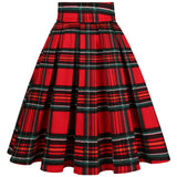 2021 Vintage Pleated Skirt England Style Plaid Print High Waist Womens Retro School Summer Skirt 50s Rockabilly Red Midi Skater