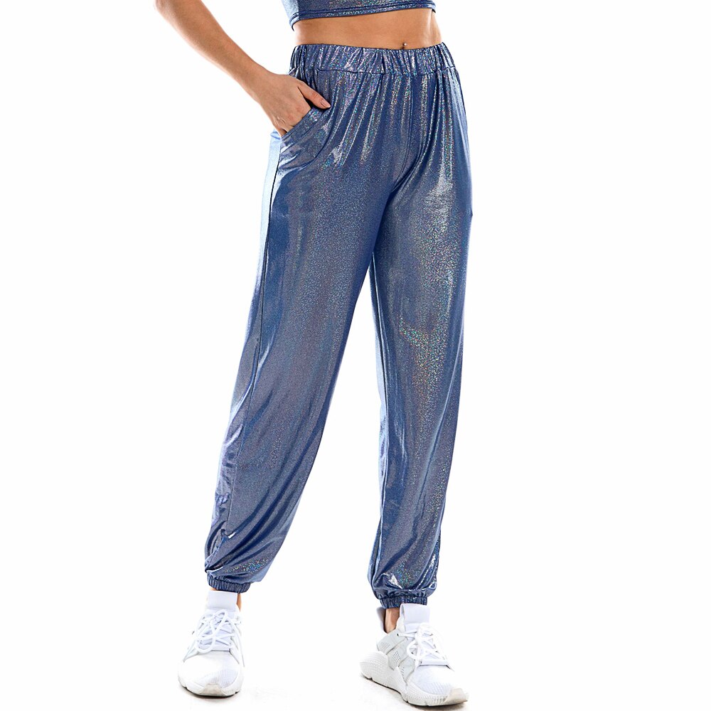 Reflective Women High Waist Metallic Jogger Trousers Shiny Holographic Loose Hip Hop Dance Pants