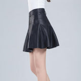 Vintage Faux Leather Women Korean High Waist School Pleated Mini Skirt