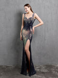 Evening Sequins Full Dress Sleeveless Backless Side Split Party Gowns Squre Neck Women Formal Robe De Soriee Vestidoes