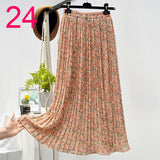 Summer New Vintage Floral Print Chiffon Pleated Skirt Elastic High Waist Casual Midi Skirt