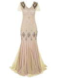 Formal Retro 1920s Sequin Evening Dress V-Neck Short Sleeve Mesh Bead Fishtail Skirt