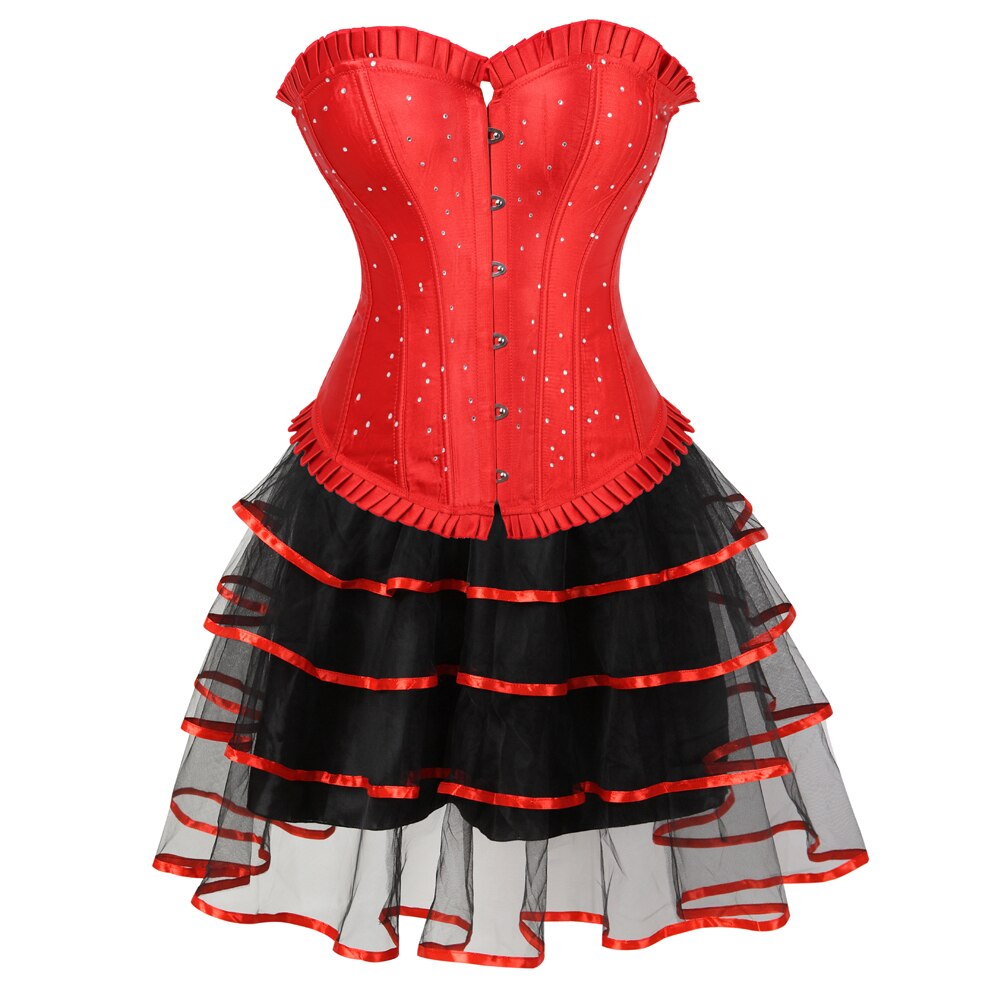 Sexy Rhinestones Brocade Frill Corset Skirt Set Women Fashion Party Corset Bustier Lingerie Top With Mesh Tulle Mini Tutu Skirt