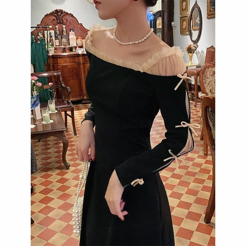 Korean Fahsion Evening Party Dress Women Off Shoulder Bow Vintage Midi jetechband Korean Fahsion Evening Party Dress Women Off Shoulder Bow Vintage Midi jetechband