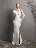 White One Shoulder Taffeta Women Formal Dress Ruffle Sleeve Split Party Gowns Dress for Wedding