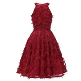 Burgundy Fringe Classy Vintage Midi A Line Halter Sleeveless Party Summer Elegant Flare Dress