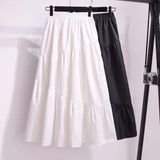 Korean Style Black White Long Women Solid Casual High Waist Midi Length Pleated Summer Skirt