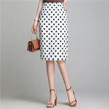 Vintage Black White Stretch Pencil Women Office Lady Formal Polka Dot Midi Skirts Elegant Package Hip Skirts