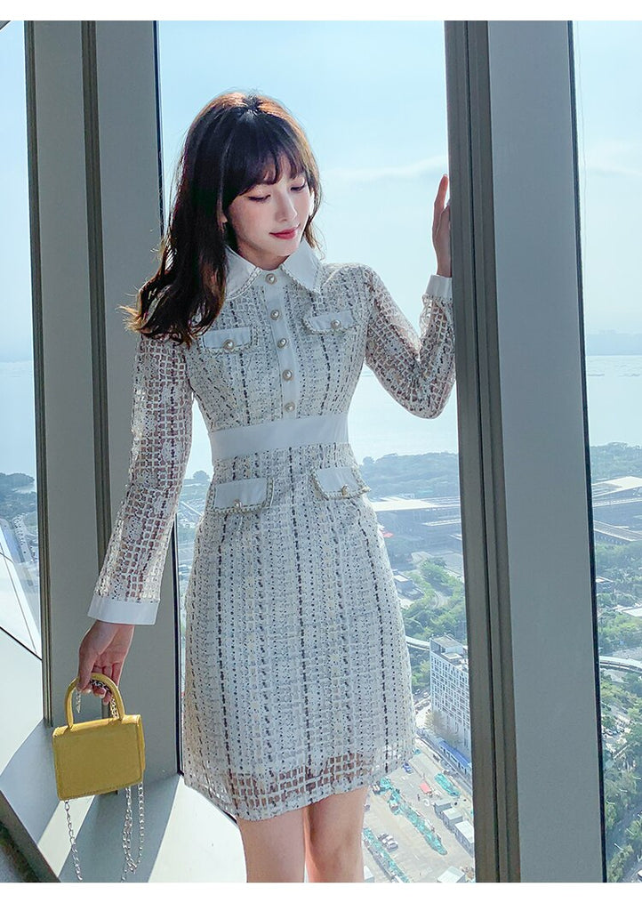 Women Autumn Korean Elegant Plaid Tweed Dress Turn Down Collar Mini Dr jetechband Women Autumn Korean Elegant Plaid Tweed Dress Turn Down Collar Mini Dr jetechband