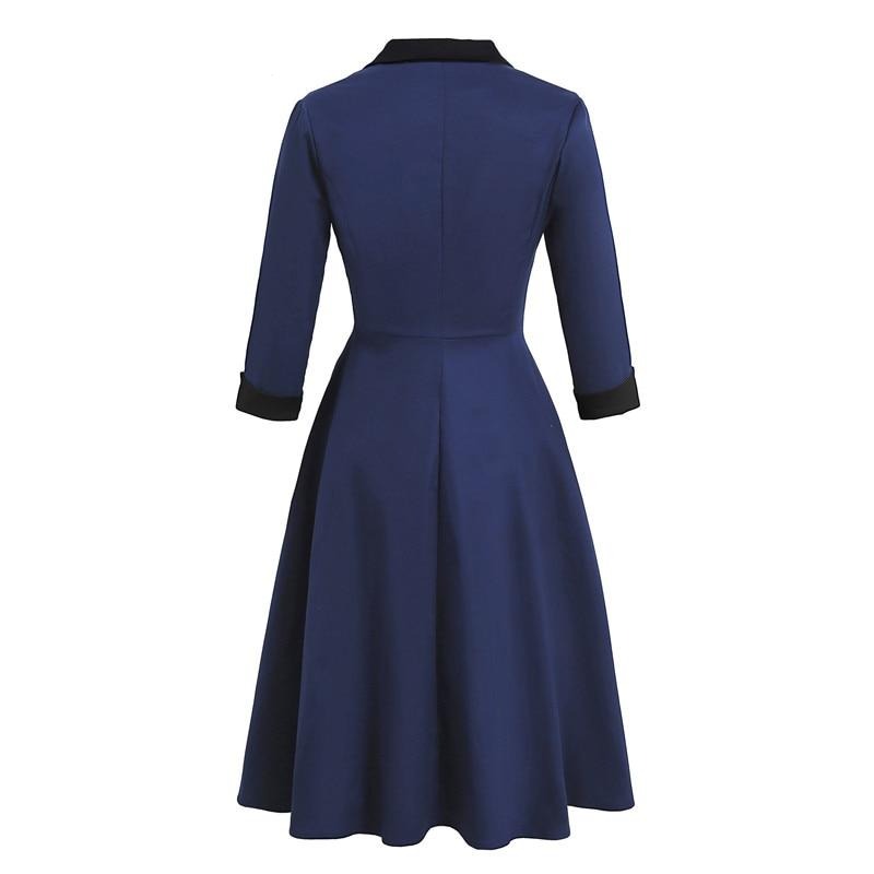 Navy Blue Notched Collar Button High Waist Vintage Robe Women Swing Dress