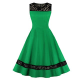 Green Contrast Lace Elegant Party A-Line Vintage Flare Sleeveless Midi Casual Pinup Solid Dress