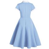 Hepburn Style Solid Color Patchwork Plus Size Women Dress With Pocket Turn Down Collar Button Front Swing Retro 50s 60s Sundress
