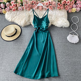 Women Party Vintage Elegant Belted Midi Dress V Neck Sleeveless Spaghetti Strap Sexy Satin Dress