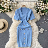 V Neck Short Sleeve Knit Sexy Mini Dress Office Lady Button Elegant Bodycon Dress