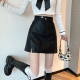 Women High Waist Mini Skirts Fashion Korean Style Solid Color PU Leather Ladies A-line Short Skirt