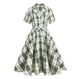 Green Plaid Rockabilly Vintage Notched Collar Buttons Elegant Belted A Line Retro Dress
