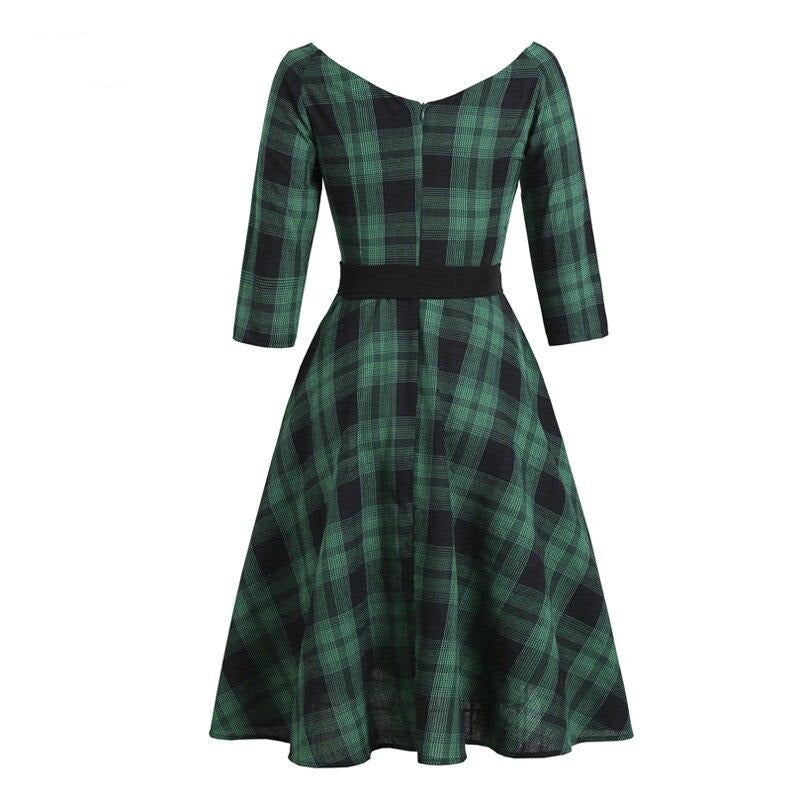 Green Plaid Elegant 1950s Style Vintage Robe V Neck High Waist Dress