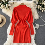 Autumn Winter Mini Dresses For Women Elegant Mock Neck Puff Sleeve Knitted Dress Solid Ribbed Sexy Bodycon Dress