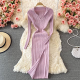 Winter Lapel Collared V Neck Ribbed Knitted Midi Dress Elegant Long Sleeve Side Slit Sexy Bodycon Dress