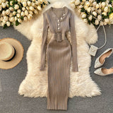 Autumn Winter Women Knitted Dress Long Sleeve Knee Length Midi Dress Elegant Pearl V Neck Sexy Bodycon Dress With Belt