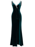 V Neck Sleeveless Sexy Lady Long Party Dress Green Black Velour High Split Women Vestidoes Robe