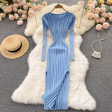 Autumn Winter Midi Dress Women O-Neck Long Sleeve Ribbed Knitted Dress Side Slit Night Club Party Sexy Bodycon Dress