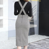 Spring Summer Plaid Women Straps Midi High Waist Workwear Back Split Sheath Pencil Skirts