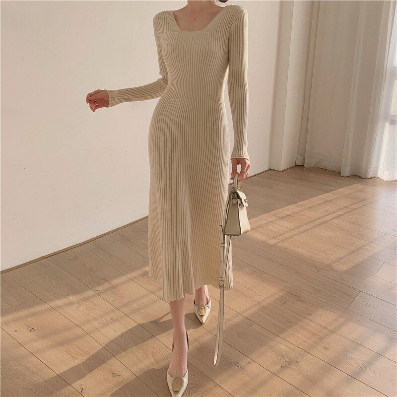 Autumn Winter Elegant Square Neck Long Sleeve Warm Ribbed Knitted Dress Sexy Bodycon Midi Dress
