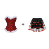 Christmas Overbust Corset Dress Burlesque Feathers Bustier Lingerie Gothic Vintage Floral Lace Corset Skirt Set Sexy Costume Red