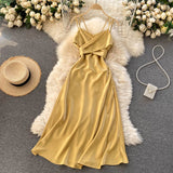 Women Party Vintage Elegant Belted Midi Dress V Neck Sleeveless Spaghetti Strap Sexy Satin Dress