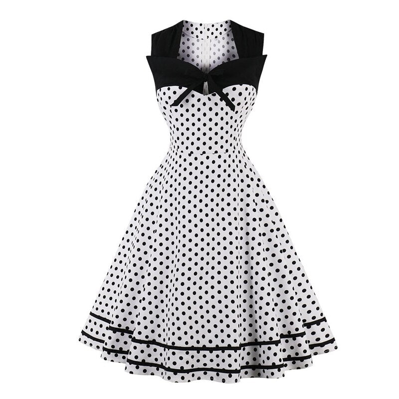 4XL Plus Size Women Clothing Square Neck Tie Front Sleeveless Polka Dot Vintage Elegant 50S Summer A Line Rockabilly Dress