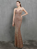 Sexy V-neck Long Sequin Evening Dress Strap Women Party Dress