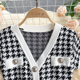 Elegant Office Button Bodycon Midi Dress Summer Short Sleeve V Neck Houndstooth Knitted Dress