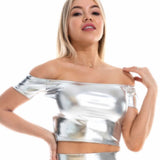 Sexy Slash Neck Off Shoulder Metallic Crop Glitter Holographic Tank Top Short Vest Rave Festival Clubwear