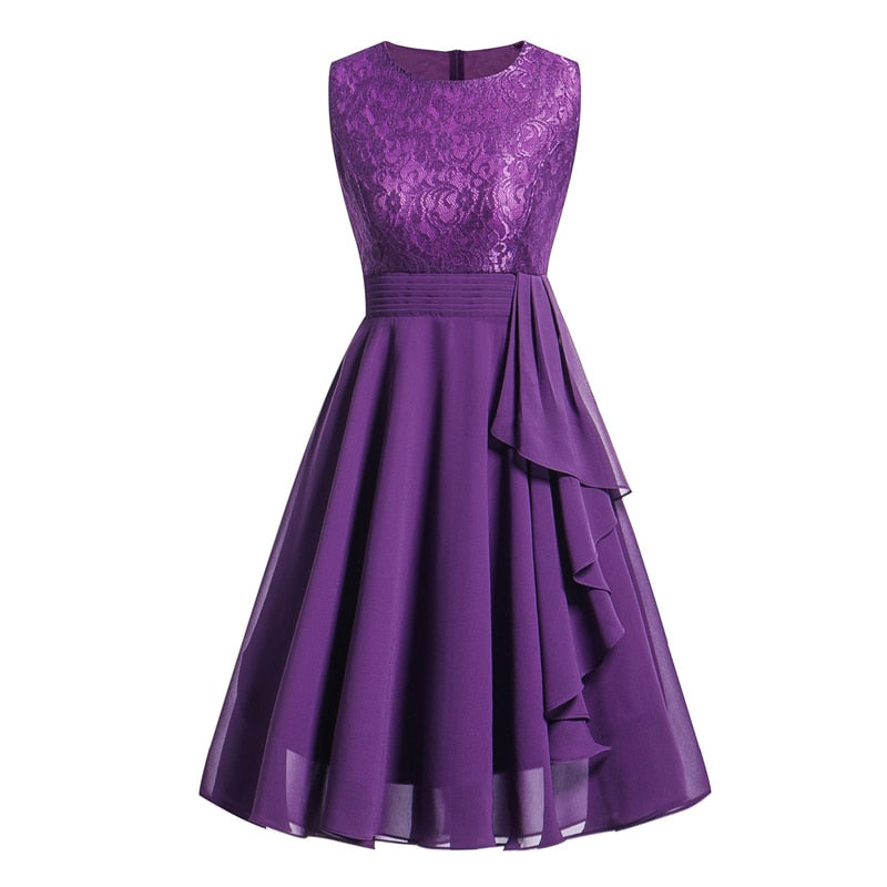 Lace and Chiffon Elegant Peplum High Waist Purple Swing Sleeveless Party Robe Female A Line Dress