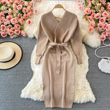 Women Sexy Crossover V Neck Long Sleeve Knitted Dress Autumn Winter Midi Dress With Belt Elegant Bodycon Dress