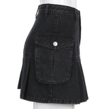 Gothic Denim Pleated Women Summer Harajuku Korean A Line Black Streetwear High Waist Jean Skirt