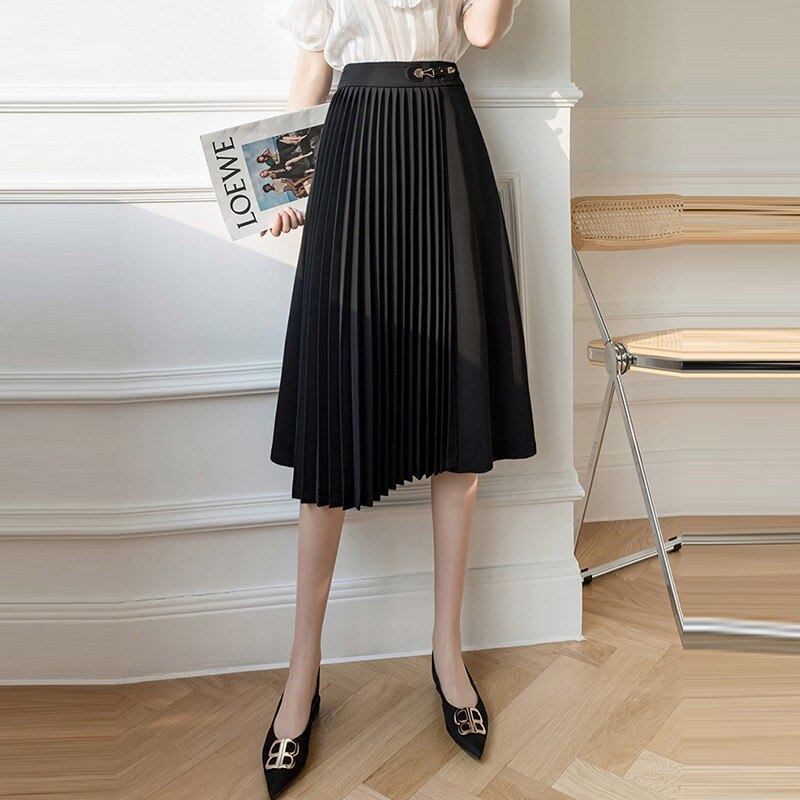 Women Summer High Waist Pleated Skirts Korean Style Solid Color Ladies Elegant A-line Long Skirt
