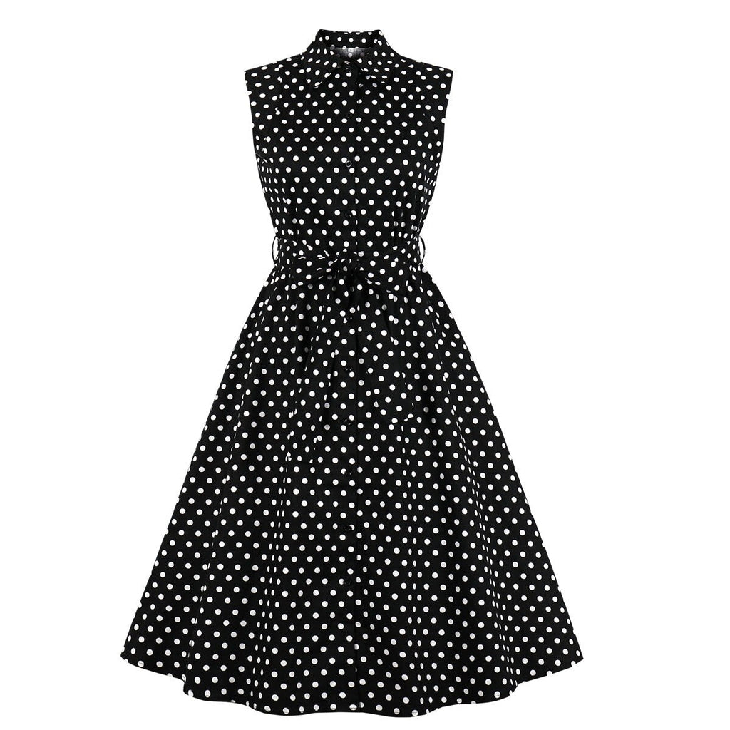 2021 Sleeveless Women Rockabilly Party Dress With Belt 50s 60s Black Polka Dot Printed Cotton Swing Plus Size Casual Sundress